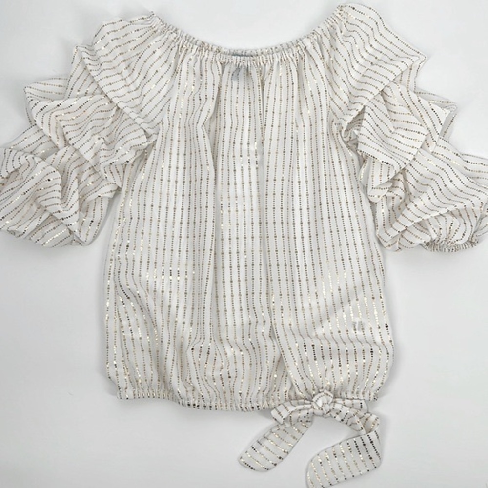 CeCe White w/Gold Metallic‎ Pattern Blouse Tiered Half Sleeves XS NWOT
